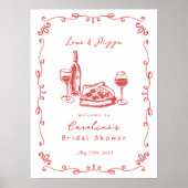 手描きお洒落ピザワインブライダルシャワー看板 ポスター (正面)
