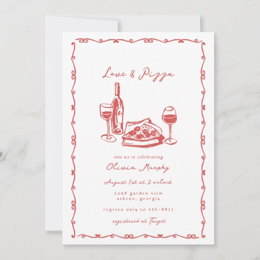 手描きお洒落ピザ&ワインブライダルシャワー 招待状 (正面)