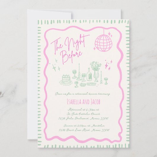 手描きお洒落ピンクウェーブリハーサルディナー 招待状 (正面)