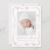 手描きお洒落ピンクボウ2フォト誕生 案内状 (正面)