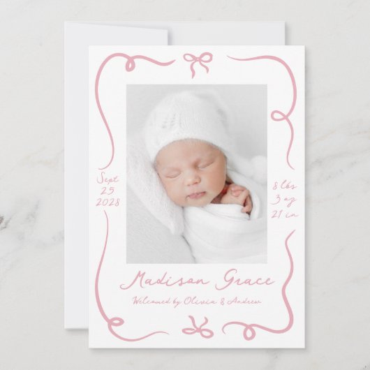 手描きお洒落ピンクボウ2フォト誕生 案内状 (正面)