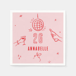 手描きお洒落ピンク赤いバースデードリンク スタンダードカクテルナプキン