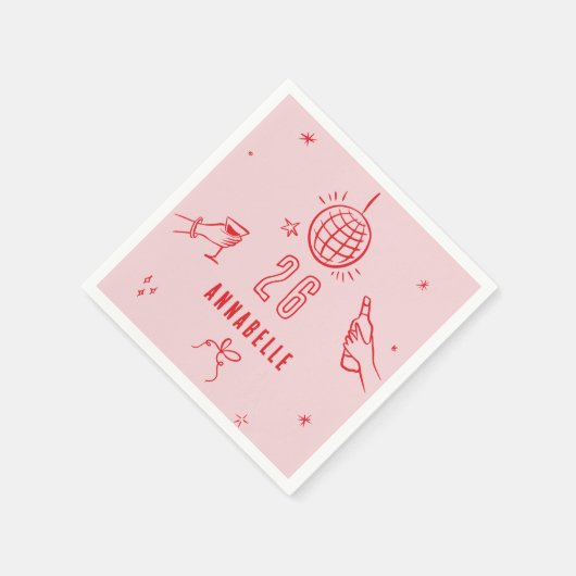 手描きお洒落ピンク赤いバースデードリンク スタンダードカクテルナプキン (角)