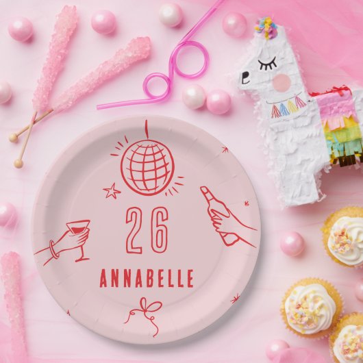 手描きお洒落ピンク赤いバースデードリンク ペーパープレート (パーティー)