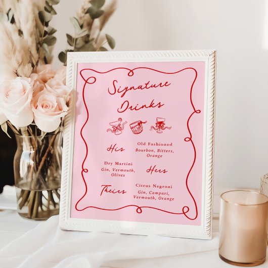 手描きお洒落ピンク&レッドのシグネチャードリンク ポスター