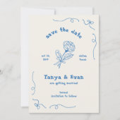 手描きお洒落フラワーブルー結婚ズ セーブザデート (正面)