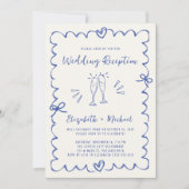 手描きお洒落ブルークリーム結婚式レセプション 招待状 (正面)