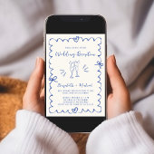 手描きお洒落ブルークリーム結婚式レセプション 招待状