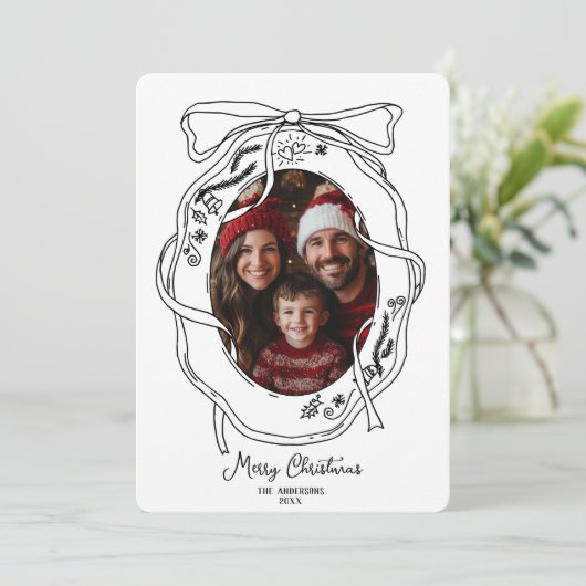 手描きお洒落メリークリスマス家族の写真 招待状 (スタンド正面)