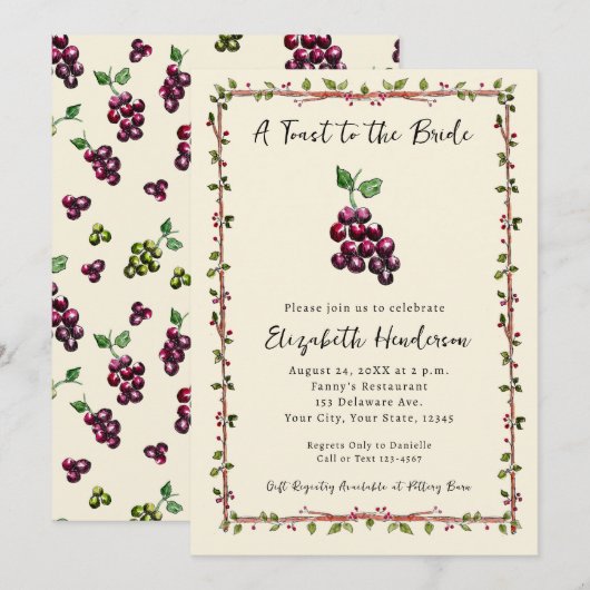 手描きお洒落ヴィネヤードワインブライダルシャワー 招待状 (正面/裏面)