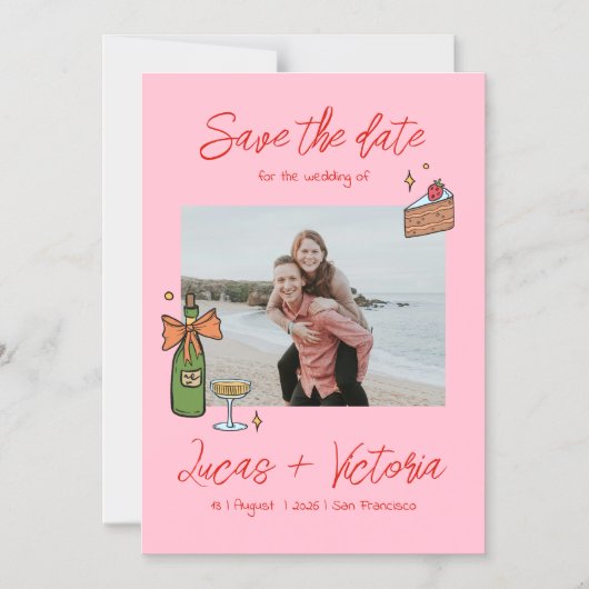 手描きお洒落写真結婚式の日付を保存 マグネット招待状 (正面)