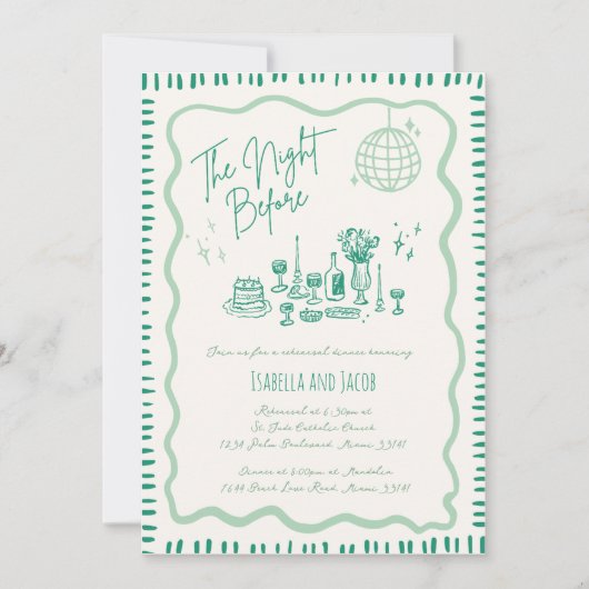 手描きお洒落緑の波打ちリハーサルのディナー 招待状 (正面)