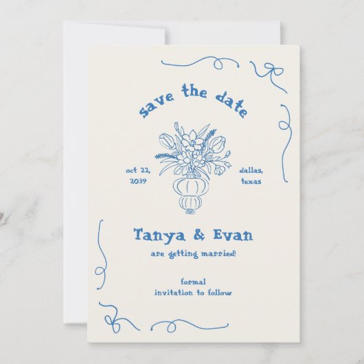 手描きお洒落花瓶ブルー結婚ズ セーブザデート (正面)