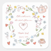 手描きお洒落茶ブライダルシャワー スクエアシール (正面)