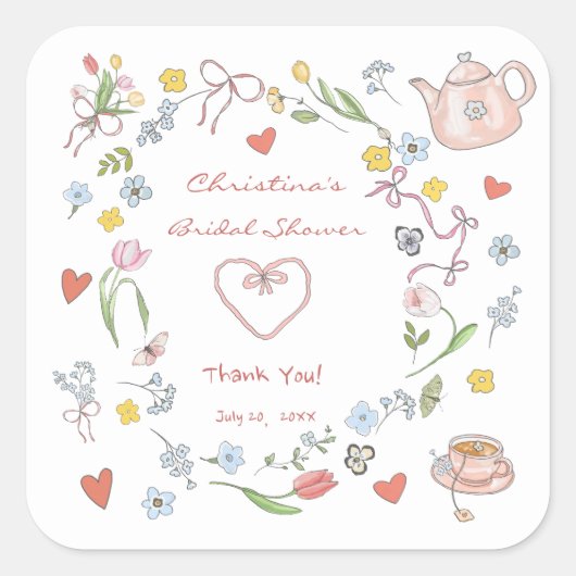 手描きお洒落茶ブライダルシャワー スクエアシール (正面)