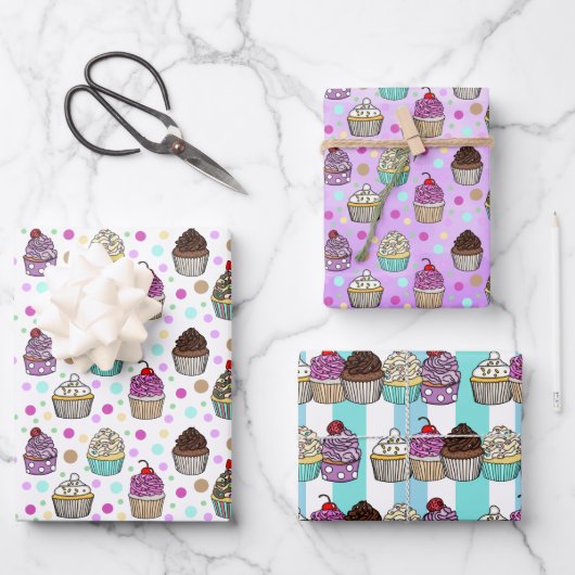 手描きお洒落誕生日カップケーキ ラッピングペーパーシート (正面)