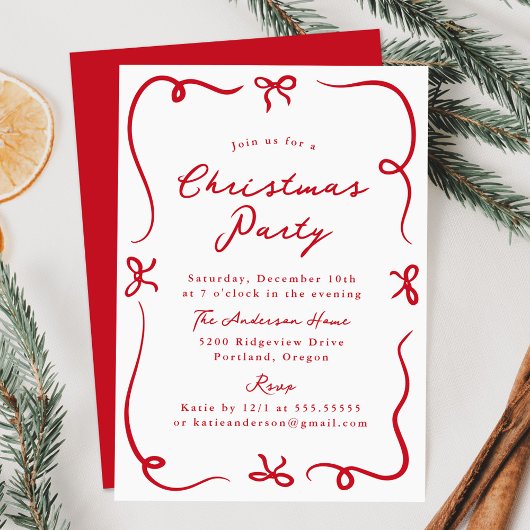 手描きお洒落赤い弓クリスマスパーティー 招待状