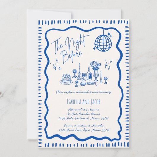 手描きお洒落青い波打ちリハーサルのディナー 招待状 (正面)