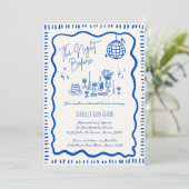 手描きお洒落青い波打ちリハーサルのディナー 招待状 (スタンド正面)