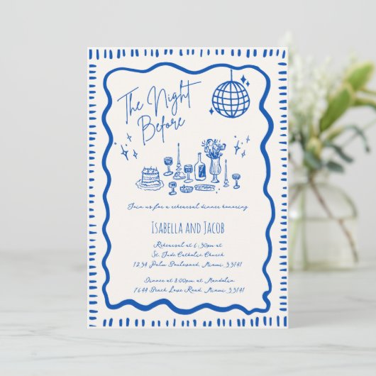 手描きお洒落青い波打ちリハーサルのディナー 招待状 (スタンド正面)