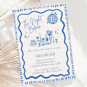 手描きお洒落青い波打ちリハーサルのディナー 招待状