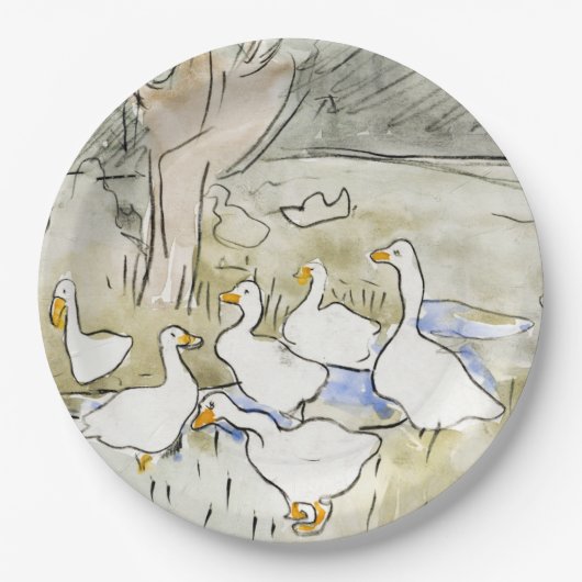 手描きかわいいアヒルの写真ホワイトアヒルのクリップアートファム ペーパープレート (正面)