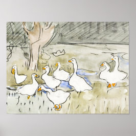 手描きかわいいアヒルの写真ホワイトアヒルのクリップアートファム ポスター