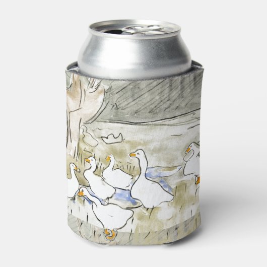 手描きかわいいアヒルの写真ホワイトアヒルのクリップアートファム 缶クーラー (缶正面)