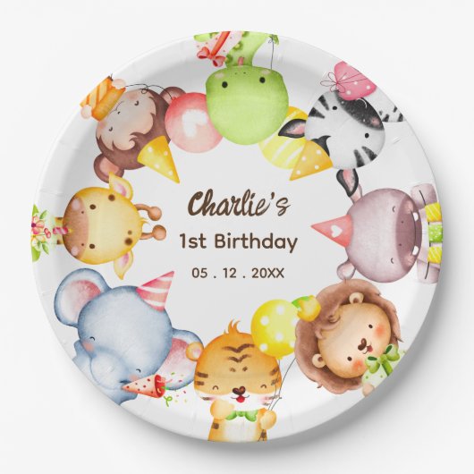 手描きかわいいベビーアニマル誕生日 ペーパープレート (正面)