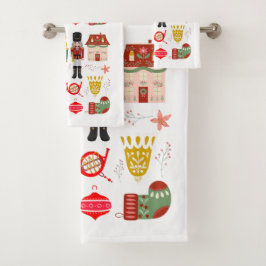 手描きかわいらしフォークアートとくるみ割りパターン バスタオルセット