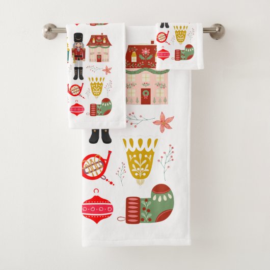 手描きかわいらしフォークアートとくるみ割りパターン バスタオルセット (インサイチュ)