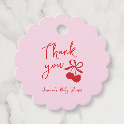 手描きさくらんぼ弓ありがとう赤ちゃんシャワー フェイバータグ (正面)