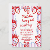 手描きのいちごの女の子　楽しい誕生日（お誕生日おめでとう） 招待状 (正面)