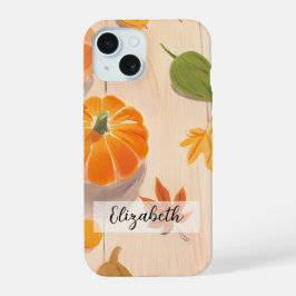 手描きのかぼちゃと紅葉の秋の収穫 iPhone 15ケース