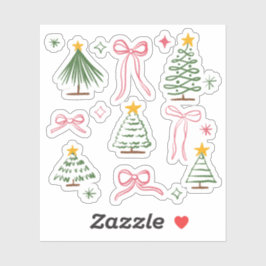 手描きのかわいいクリスマスツリーとリボンのパターン シール