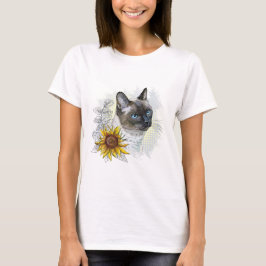手描きのかわいいタイの猫とお花 Tシャツ