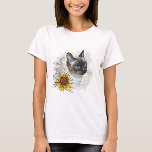 手描きのかわいいタイの猫とお花 Tシャツ (正面)