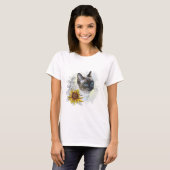 手描きのかわいいタイの猫とお花 Tシャツ (正面フル)