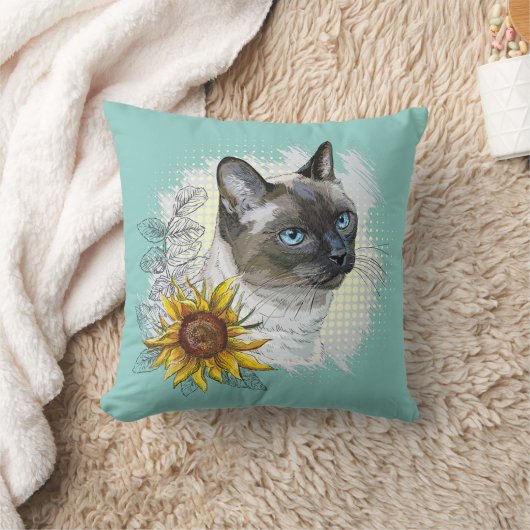 手描きのかわいいタイの猫と花 クッション (ブランケット)