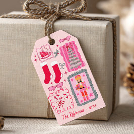 手描きのかわいいピンクのクリスマスグリーティング ギフトタグ