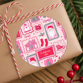 手描きのかわいいピンクのクリスマスグリーティング ラウンドシール