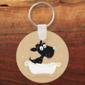 手描きのかわいい黒犬お風呂 キーホルダー (正面)