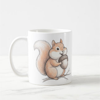 手描きのどんぐりを持つキュートなリスのコーヒー コーヒーマグカップ