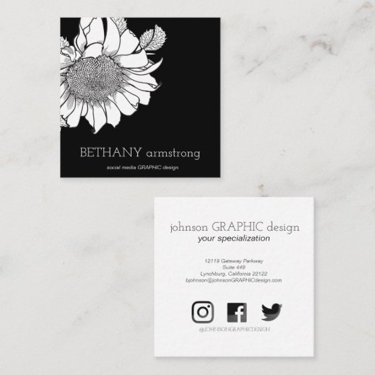 手描きのひまわりの茎 ブラック&ホワイト スクエア名刺 (正面/裏面)