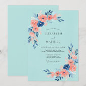 手描きのアクアコーラルローズの結婚式 招待状 (正面/裏面)