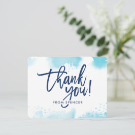 手描きのアクアブルー水彩で書かれたTHANK YOU NOTE 招待状