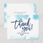 手描きのアクアブルー水彩で書かれたTHANK YOU NOTE 招待状 (正面/裏面)