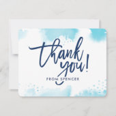 手描きのアクアブルー水彩で書かれたTHANK YOU NOTE 招待状 (正面)