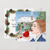 手描きのイギリスのコテージとカーディナル シーズンカード (正面/裏面)