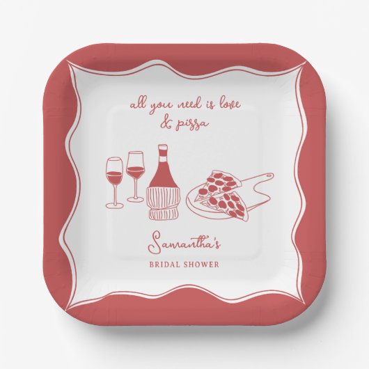 手描きのイタリアンピザとワインのウェディングシャワーデザイン ペーパープレート (正面)